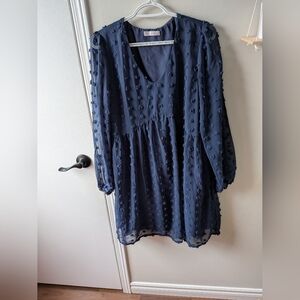 V-Neck Long Sleeve Navy Mini Dress with Textured Dot Overlay